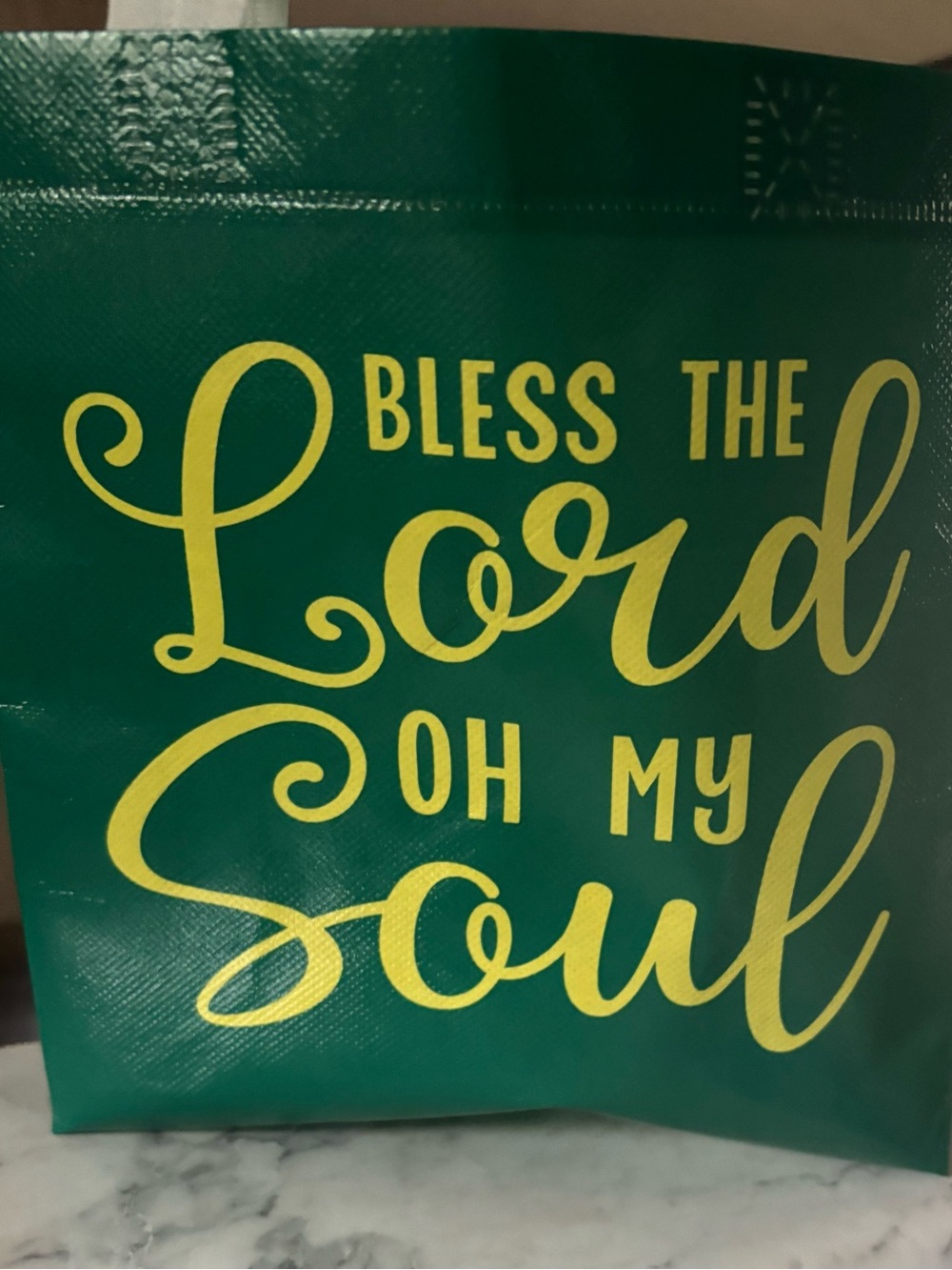 Green Tote Bag with Gold Script "Bless the Lord Oh My Soul"